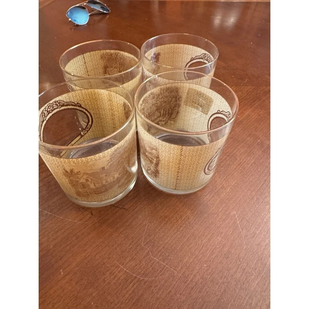 4 Courier & Ives Rocks Glasses Tumblers Homestead Seasons Gold Rims Old Home